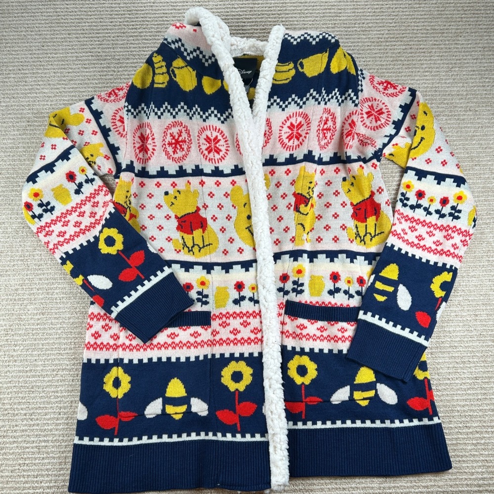 Hot Topic Disney Winnie the Pooh Cardigan Women SM Blue Fair Isle Sherpa Hood - Picture 6 of 15